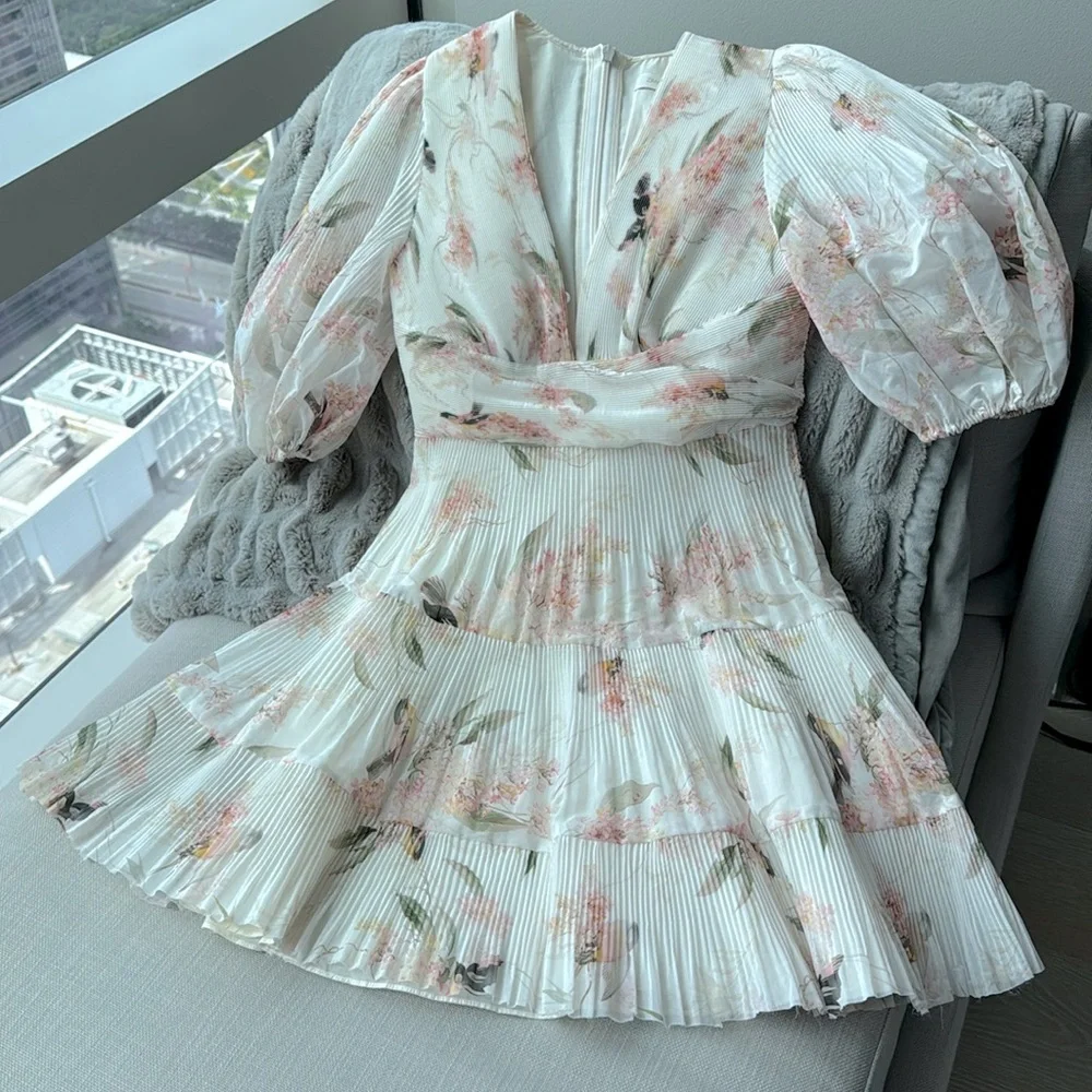 Zimmermann Floral Plissé Fit & Flare Dress